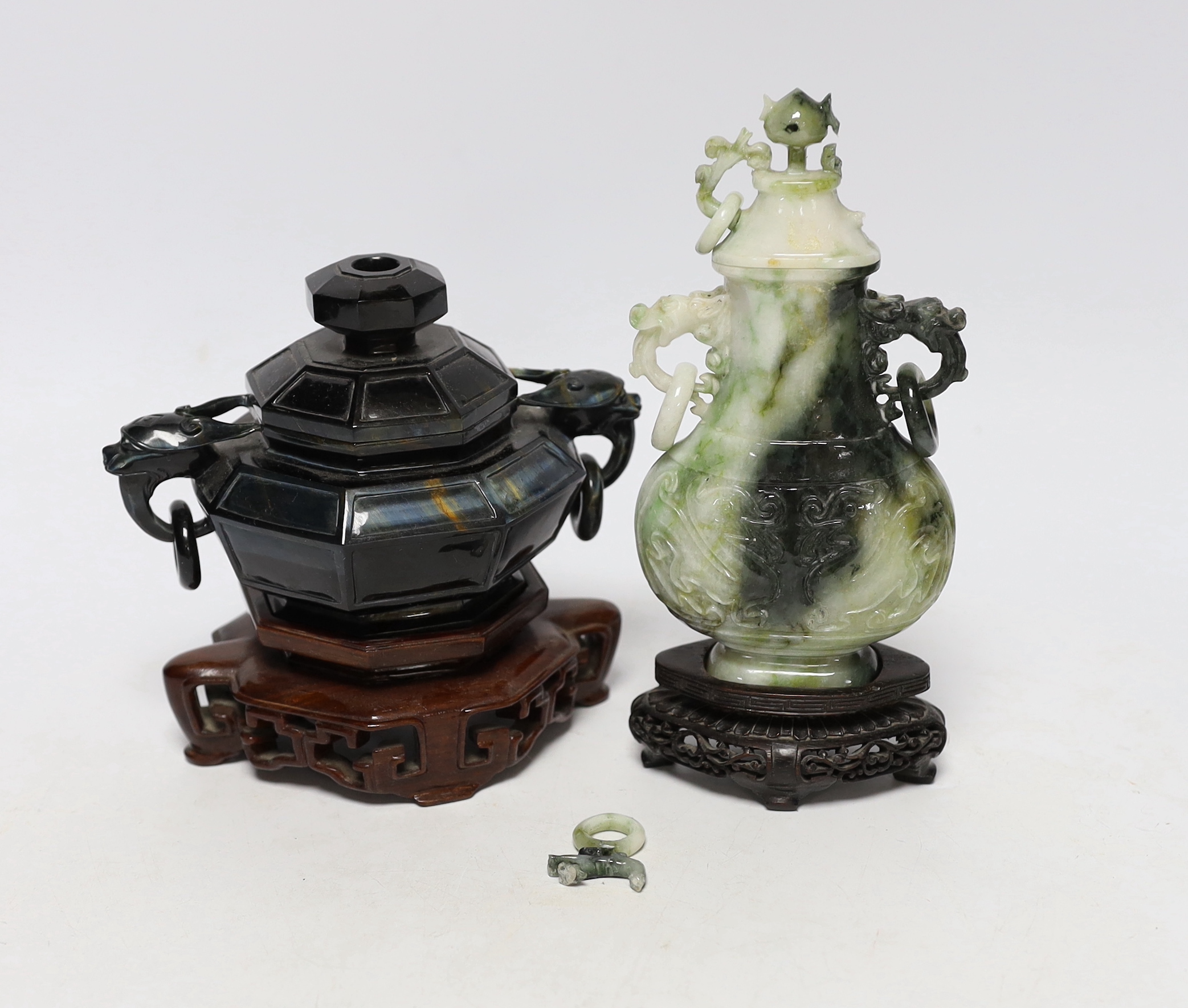 A Chinese jadeite vase and cover and a hardstone censer and cover, both cased and with hardwood stands, largest 18cm high